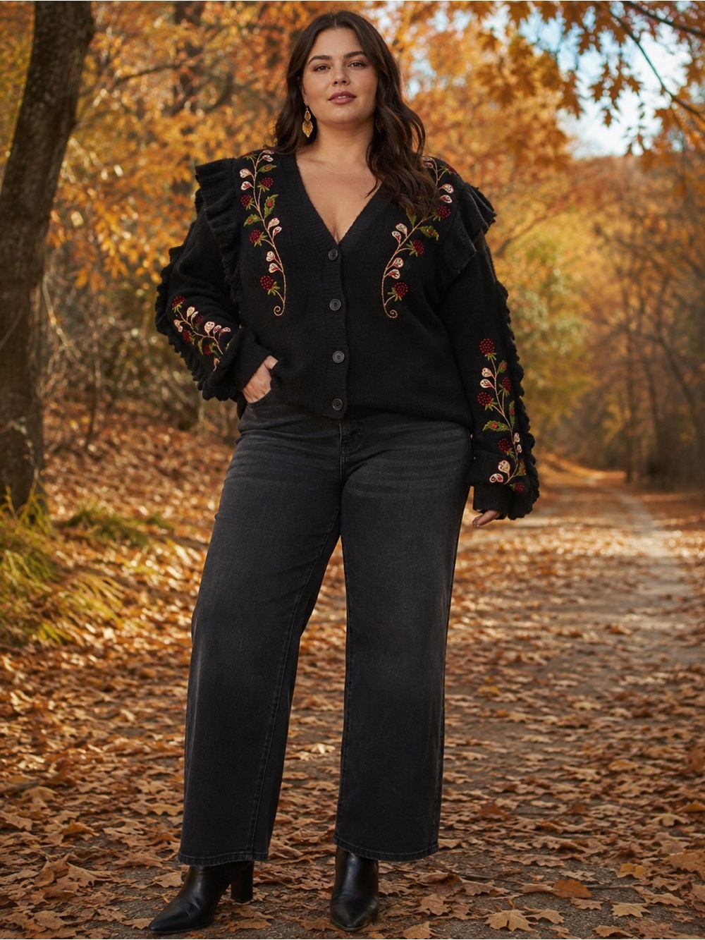 FARM Rio Black Berry Embroidery Knit Cardigan XL Ruffle Floral Sweater
